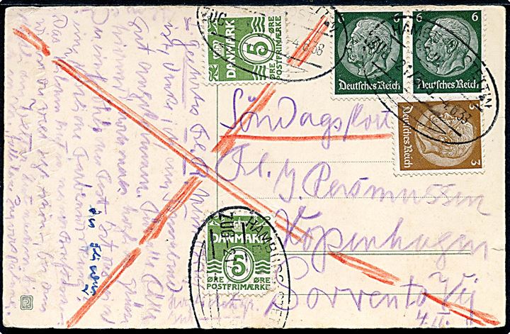 3 pfg. og 6 pfg. (2) Hindenbrug og dansk 5 øre Bølgelinie (2) på blandingsfrankeret søndagsbrevkort annulleret med tysk bureaustempel Hamburg - Stettin Bahnpost d. 4.6.1933 til København.