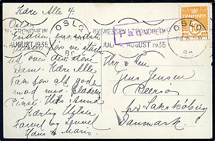 10 øre Bølgelinie på brevkort annulleret med norsk stempel i Oslo d. 8.6.1935 og sidestemplet med skibsstempel Paquebot til Sakskøbing, Danmark.