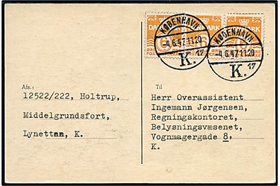 6 øre Bølgelinie (3) på brevkort fra soldat på Middelgrundfort sendt lokalt i København d. 4.6.1947.