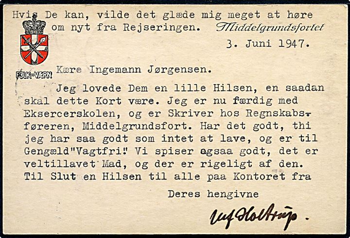 6 øre Bølgelinie (3) på brevkort fra soldat på Middelgrundfort sendt lokalt i København d. 4.6.1947.
