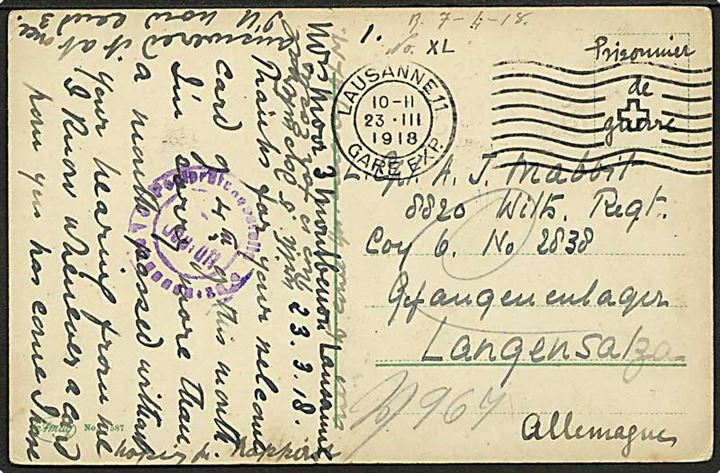 Ufrankeret krigsfange brevkort fra Lausanne d. 23.3.1918 til britisk krigsfange i tysk fangelejr i Langensalza, Tyskland. Tysk lejrcensur.