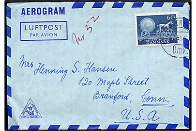60 øre Nationalmuseet single på aerogram fra København d. 4.2.1958 til Branford, USA.