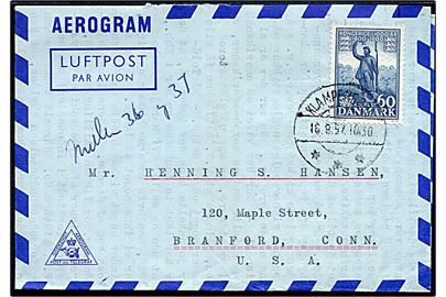 60 øre 1000 års udg. på aerogram fra Klampenborg d. 16.9.1957 til Branford, USA.