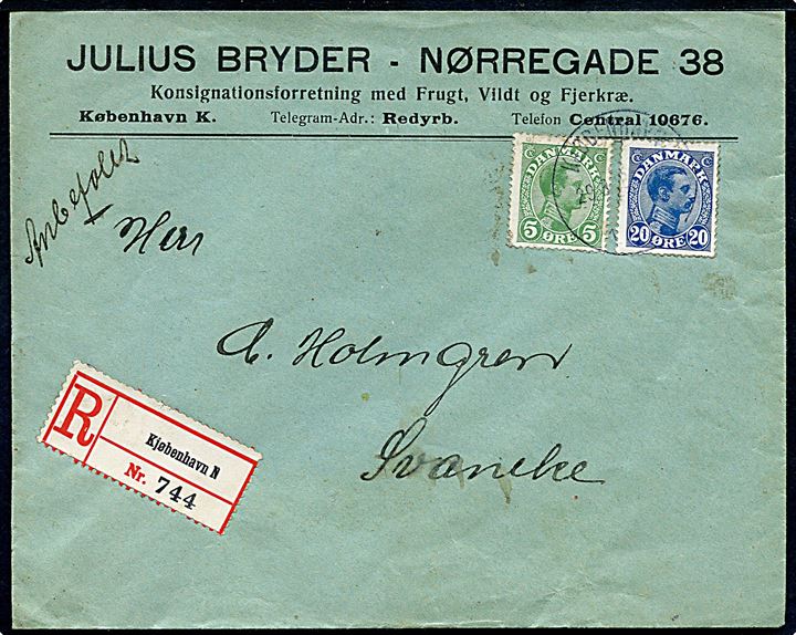5 øre og 20 øre Chr. X på anbefalet brev fra Kjøbenhavn d. 29.3.1918 til Svaneke.