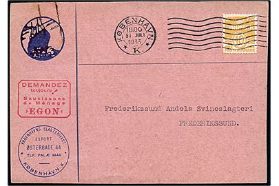 10 øre Bølgelinie tysk papir på brevkort fra København d. 31.7.1933 til Frederikssund.