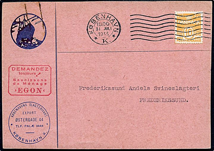10 øre Bølgelinie tysk papir på brevkort fra København d. 31.7.1933 til Frederikssund.