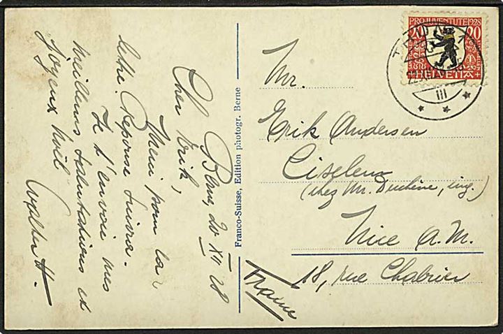 20 c. Pro Juventute 1928 single på brevkort fra Thun d. 22.12.1928 til Nice, Frankrig.