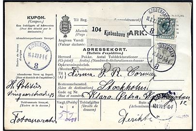 50 øre og 2 kr. Chr. X på internationalt adressekort for pakke annulleret Kjøbenhavn 8 (= Frihavnen) d. 15.8.1923 til Stockholm, Sverige.