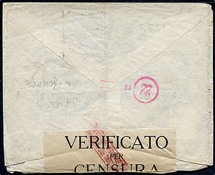 20 øre Chr. X på brev mærket Forretningspapirer fra Kjøbenhavn d. 3.4.1915 til Paris, Frankrig. Åbnet af italiensk censur i Genova.