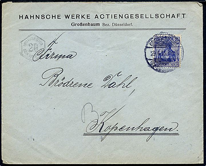 20 pfg. Germania på firmakuvert fra Hannsche Werke i Grossenbaum d. 29.4.1915 til København, Danmark. På forsiden 20 pfg. Custos portokontrol stempel.