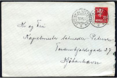 20 øre Løve på brev annulleret med sejlende bureaustempel Lofoten og Vesterålen B d. 26.6.1929 til København, Danmark. Urent åbnet i højre side.