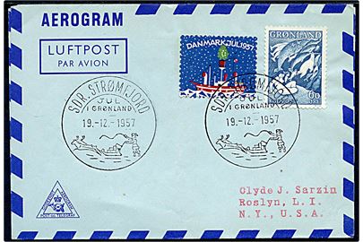 60 øre Havets Moder og dansk Julemærke 1957 på aerogram annulleret med julestempel i Sdr. Strømfjord d. 19.12.1957 til Roslyn, USA.