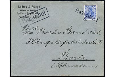 20 pfg. Germania på brev fra Lübeck annulleret med skibsstempel Fra Tydskland L. sidestemplet Paquebot og på bagsiden Kjøbenhavn d. 16.4.1904 til Borås, Sverige.
