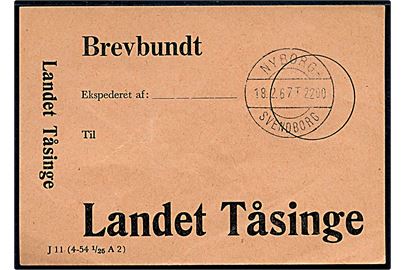 Brevbundt seddel formular J11 (4-54 1/25 A2) med bureaustempel Nyborg - Svendborg T.2200 d. 18.2.1967 til Landet Tåsinge. 