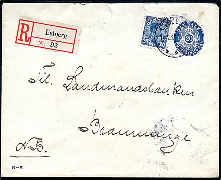 20 øre helsagskuvert (fabr. 30-Kl.) opfrankeret med 20 øre Chr. X sendt anbefalet fra Esbjerg d. 14.12.1920 til Bramminge.