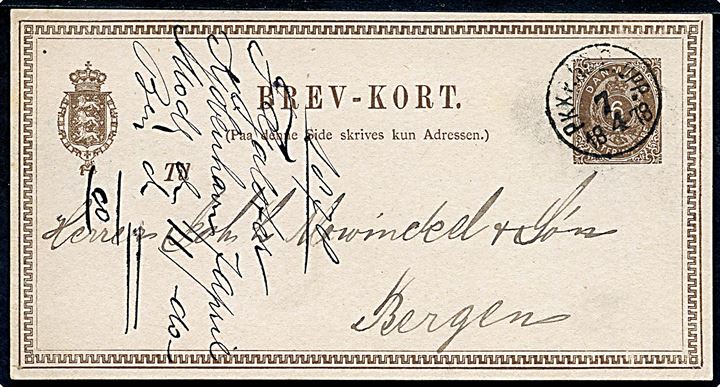6 øre helsagssbrevkort fra Kjøbenhavn annulleret med svensk bureaustempel PKXP. No. 2. UPP d. 7.4.1878 til Bergen, Norge.