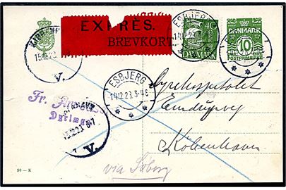 10 øre helsagsbrevkort (fabr. 90-K) opfrankeret med 40 øre Karavel og sendt som ekspres fra Esbjerg d. 14.12.1928 til København.