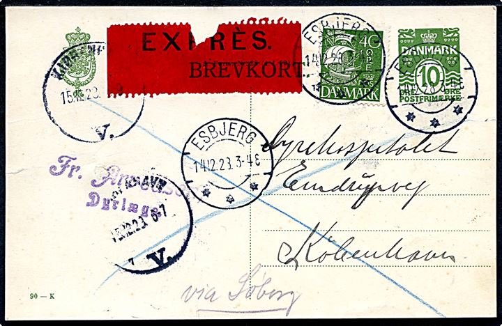 10 øre helsagsbrevkort (fabr. 90-K) opfrankeret med 40 øre Karavel og sendt som ekspres fra Esbjerg d. 14.12.1928 til København.