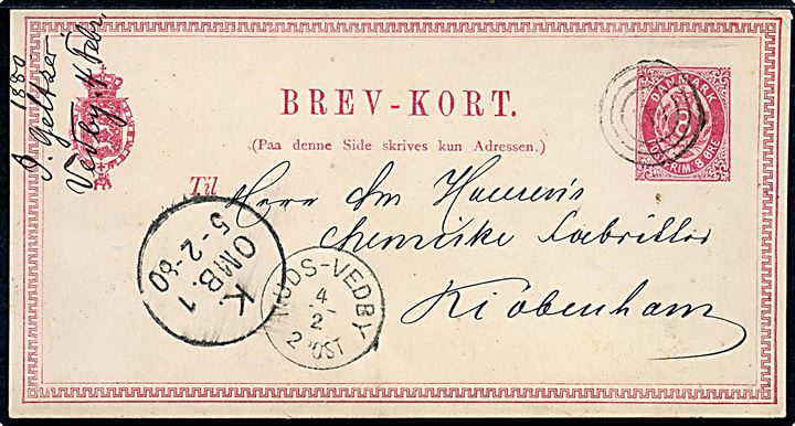 8 øre helsagsbrevkort annulleret med nr.stempel 141 og sidestemplet lapidar Ruds-Vedby d. 4.2.1880 til Kiøbenhavn.