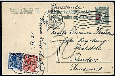 10/7½ c. provisorisk helsagsbrevkort sendt som underfrankeret tryksag fra Bern d. 14.11.1921 til Randers, Danmark. Udtakseret i porto med 10 øre og 20 øre Porto-provisorium stemplet Randers d. 17.11.1921.