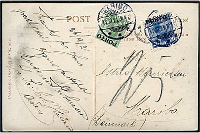 Indisk 1d George V på billedside af underfrankeret brevkort fra Aden  Camp d. 27.9.1921 til Maribo, Danmark. Udtakseret i porto med 5 øre og 20 øre Porto-provisorium stemplet Maribo d. 12.10.1921.