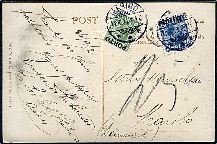 Indisk 1d George V på billedside af underfrankeret brevkort fra Aden  Camp d. 27.9.1921 til Maribo, Danmark. Udtakseret i porto med 5 øre og 20 øre Porto-provisorium stemplet Maribo d. 12.10.1921.