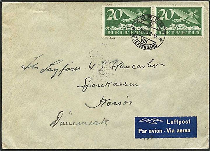 20 c. Luftpost i parstykke på luftpostbrev fra Zürich d. 6.8.1938 via København Luftpost til Korsør, Danmark.