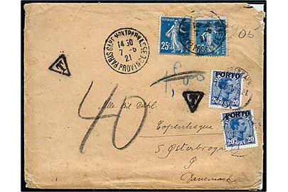 Fransk 25 c. (2) på underfrankeret brev fra Paris d. 7.5.1921 til København, Danmark. Udtakseret i porto med 20 øre Chr. X Porto-provisorium (2) stemplet Kjøbenhavn d. 10.5.1921.