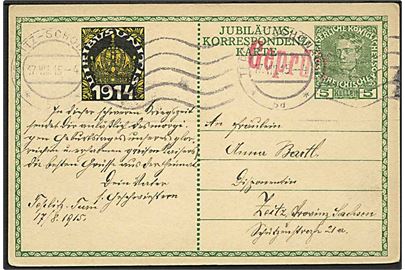 5 h. illustreret helsagsbrevkort fra Teplitz d. 17.8.1915 til Zeitz, Tyskland. Rødt censurstempel: Geprüft.