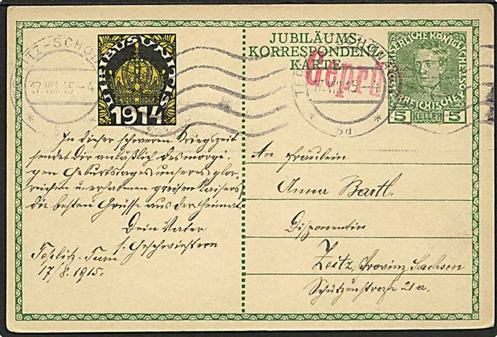 5 h. illustreret helsagsbrevkort fra Teplitz d. 17.8.1915 til Zeitz, Tyskland. Rødt censurstempel: Geprüft.