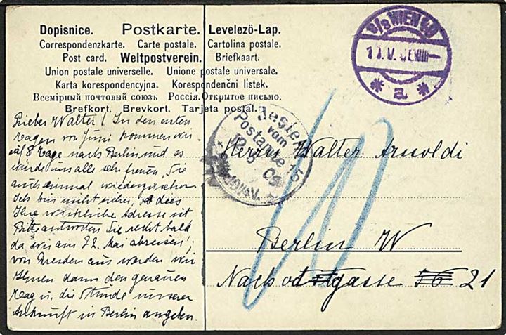 Ufrankeret brevkort fra Wien d. 10.5.1909 til Berlin, Tyskland. Udtakseret i 10 pfg. tysk porto.