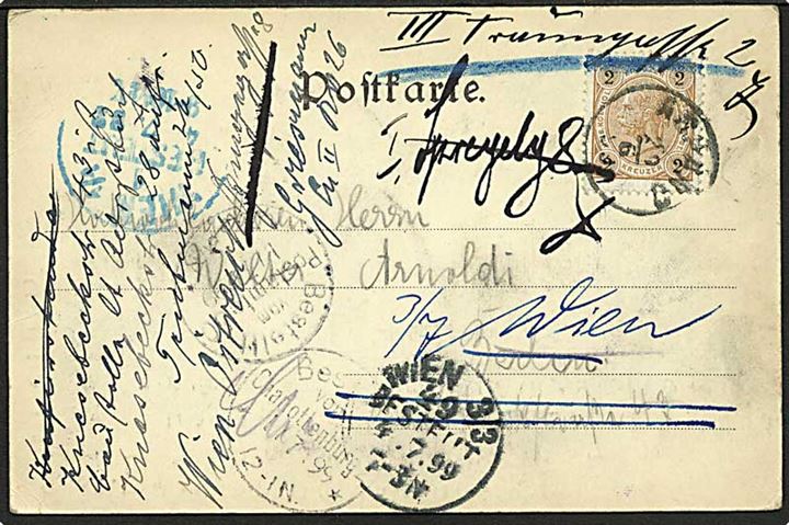 2 kr. Franz Joseph på brevkort fra Aspang d. 29.6.1899 til Berlin, Tyskland. Eftersendt flere gange.