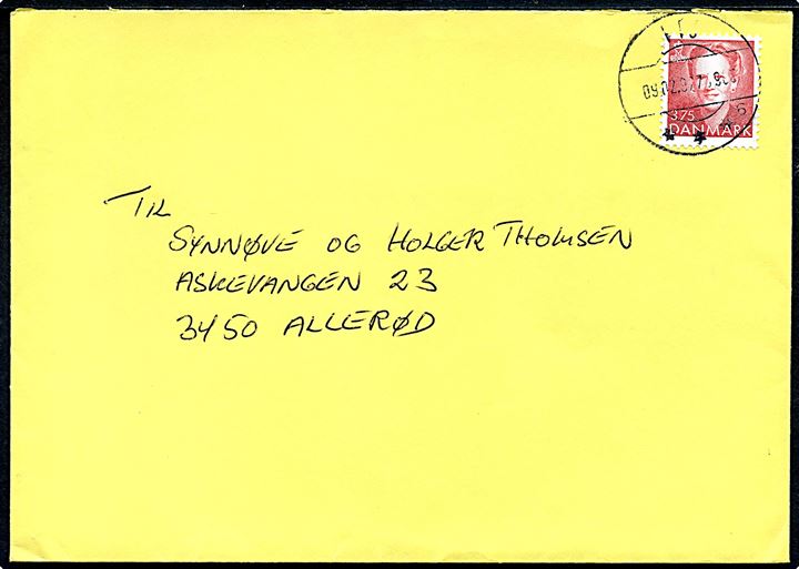 3,75 kr. Margrethe på brev fra Toftlund annulleret med bureau stempel PTJ SN6 d. 9.2.1997 T.7590C (?) til Allerød.