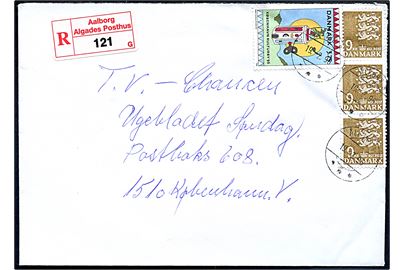 3,75 kr. Kulturby '96 og 9 kr. Rigsvåben (3) på anbefalet brev annulleret postsparestempel Ålborg 8 d. 19.2.1996 til København.