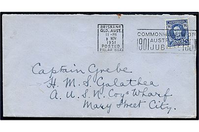 3½d George VI single på lokalbrev i Brisbane d. 8.11.1951 til Kaptajn Greve ombord på det danske ekspeditionsskib HMS Galathea under den oceanografiske jordomsejling 1950-1952. 