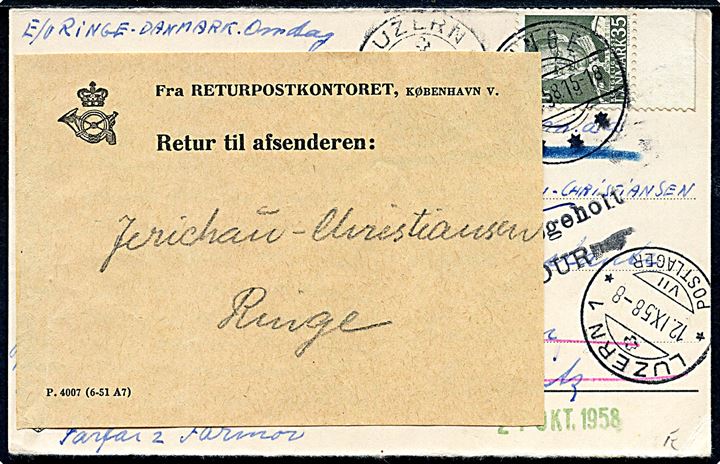 35 øre Fr. IX single på brevkort fra Ringe d. 10.9.1958 til poste restante i Lucern, Schweiz. Retur som ikke afhentet og forespurgt via Returpostkontoret i Ringe.