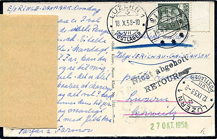 35 øre Fr. IX single på brevkort fra Ringe d. 10.9.1958 til poste restante i Lucern, Schweiz. Retur som ikke afhentet og forespurgt via Returpostkontoret i Ringe.