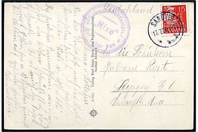 15 øre Karavel på brevkort (Hammeren og Hammeren havn) annulleret brotype IIIb Sandvig d. 17.7.1929 og sidestemplet Salonschnelldampfer / Nixe / * Auf hoher See * til Leipzig, Tyskland.