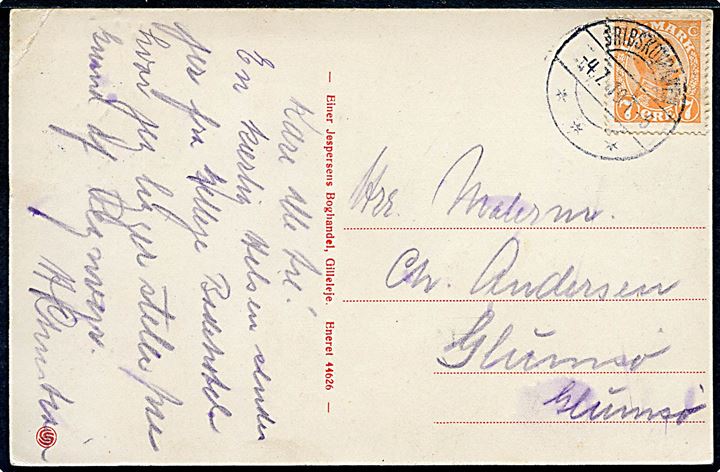 7 øre Chr. X på brevkort (Gilleleje Badehotel) annulleret med bureaustempel Gribskovbanen T.5 d. 4.7.1919 til Glumsø.
