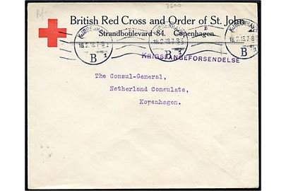 Ufrankeret fortrykt kuvert fra British Red Cross and Order of St. Johns i København d. 18.2.1918 sendt lokalt til det hollandske generalkonsulat. Violet liniestempel Krigsfangeforsendelse.