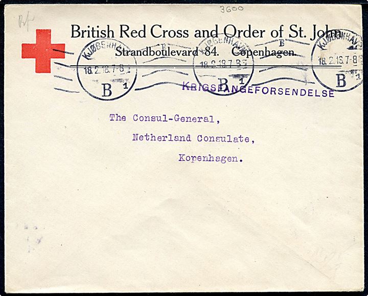 Ufrankeret fortrykt kuvert fra British Red Cross and Order of St. Johns i København d. 18.2.1918 sendt lokalt til det hollandske generalkonsulat. Violet liniestempel Krigsfangeforsendelse.