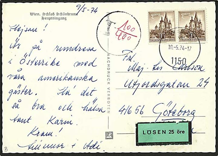 1 sh. (parstykke) på underfrankeret brevkort fra Wien d. 10.5.1974 til Göteborg, Sverige. Udtakseret i porto med svensk Lösen etiket.