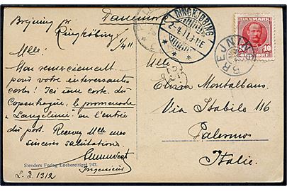 10 øre Fr. VIII på brevkort annulleret med stjernestempel BREJNING og sidestemplet Ringkjøbing d. 2.4.1911 til Palermo, Italien.