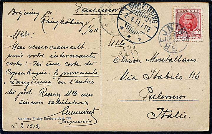 10 øre Fr. VIII på brevkort annulleret med stjernestempel BREJNING og sidestemplet Ringkjøbing d. 2.4.1911 til Palermo, Italien.