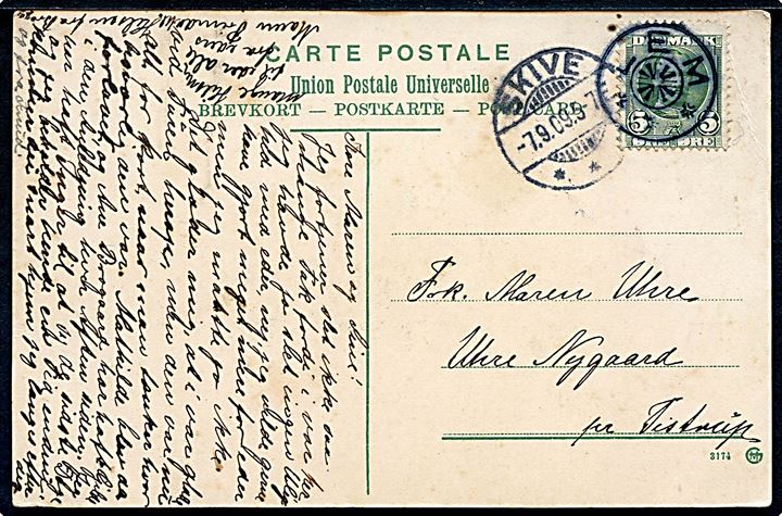 5 øre Fr. VIII på brevkort annulleret med stjernestempel LEM og sidestemplet Skive d. 7.9.1909 til Tistrup.