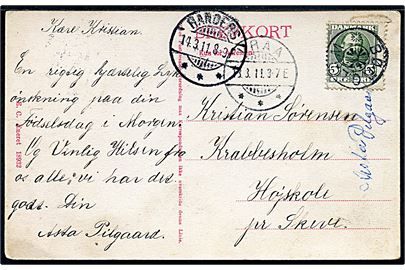 5 øre Fr. VIII på brevkort annulleret med stjernestempel BØRGLUM og sidestemplet Vraa d. 13.3.1911 via Randers til Krabbesholm højskole pr. Skive.