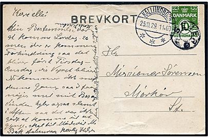 10 øre Bølgelinie på brevkort (Sejerby) annulleret med udslebet stjernestempel SEJERØ og sidestemplet Kallundborg d. 25.10.1929 til Mørkøv. Skilling: 1200,-