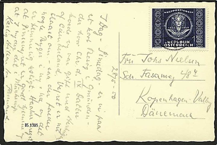 1 sh. UPU single på brevkort fra Gmunden d. 28.5.1950 til København, Danmark.