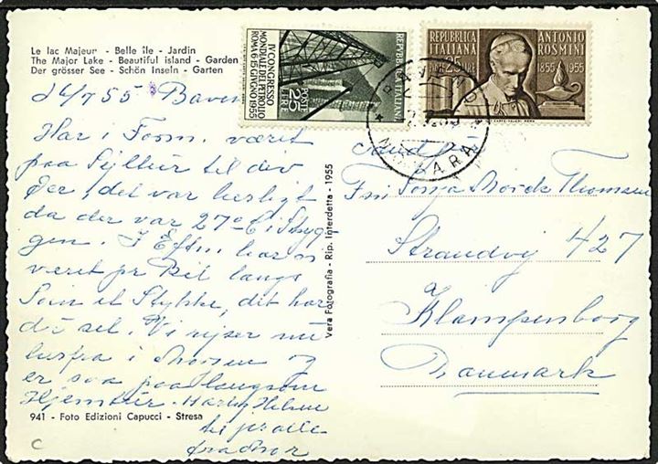 50 c. på brevkort fra Raveno d. 7.7.1955 til Klampenborg, Danmark.