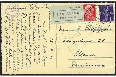 1,75 l. blandingsfrankeret luftpost brevkort fra Venezia d. 13.7.1939 til Odense, Danmark.